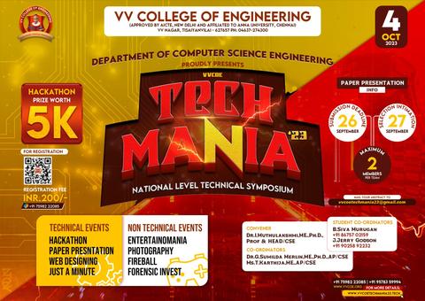 The Department of Computer Science and Engineering is organizing the National Level Technical Symposium (TECH MANIA'23) - on 04-10-2023.